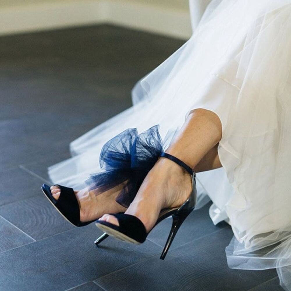 Jimmy Choo Navy Blue and Silver Tulle Ankle-Tie Stiletto Sandals - Picture 2 of 14